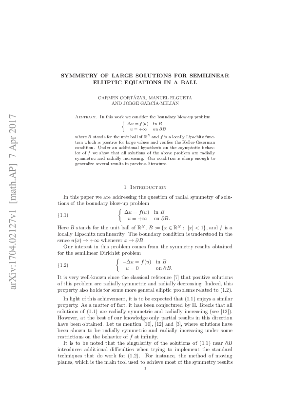 (PDF) Symmetry of large solutions for semilinear elliptic equations in ...
