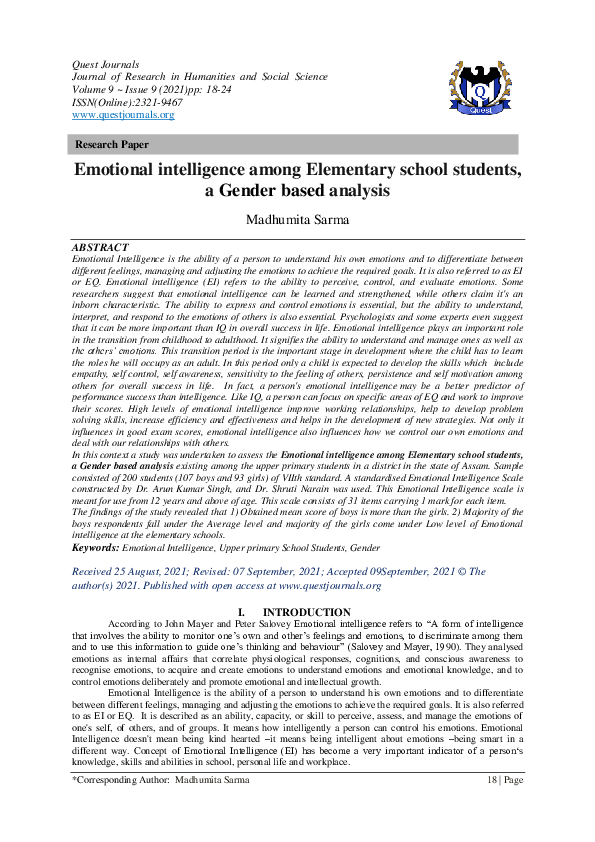 (PDF) Emotional intelligence among Elementary school students, a Gender ...