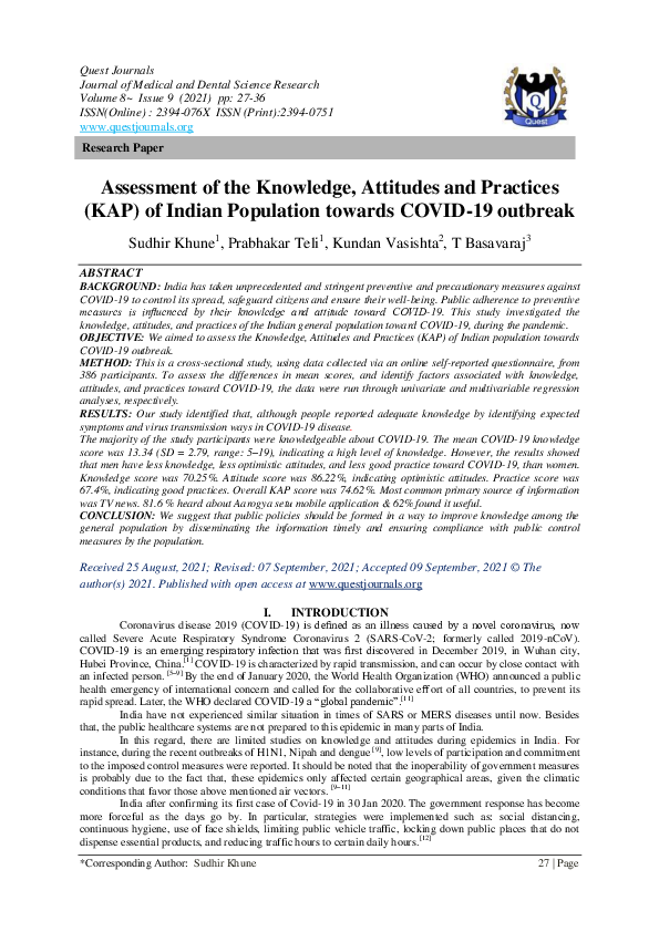 (PDF) Assessment of the Knowledge, Attitudes and Practices (KAP) of ...