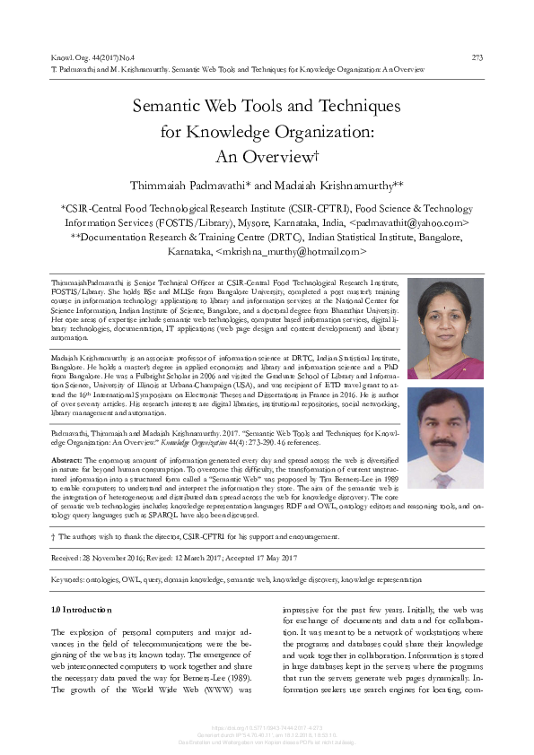 (PDF) Semantic Web Tools and Techniques for Knowledge Organization: An ...