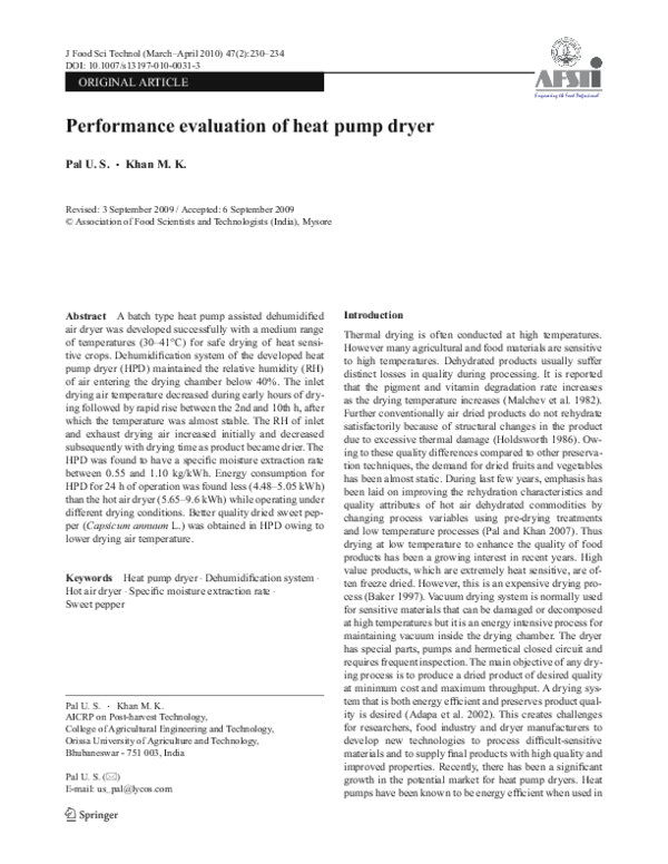 (PDF) Performance evaluation of heat pump dryer