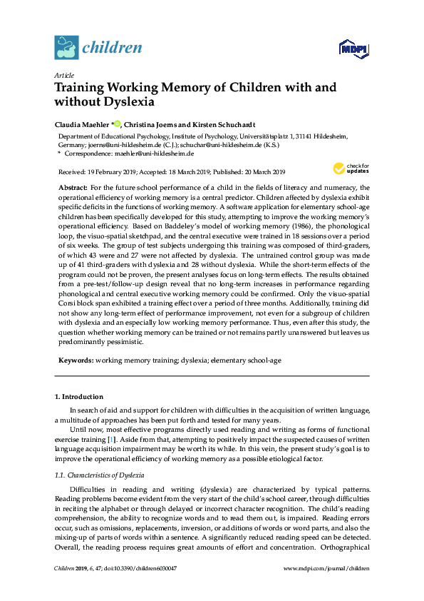 (PDF) Training Working Memory of Children with and without Dyslexia