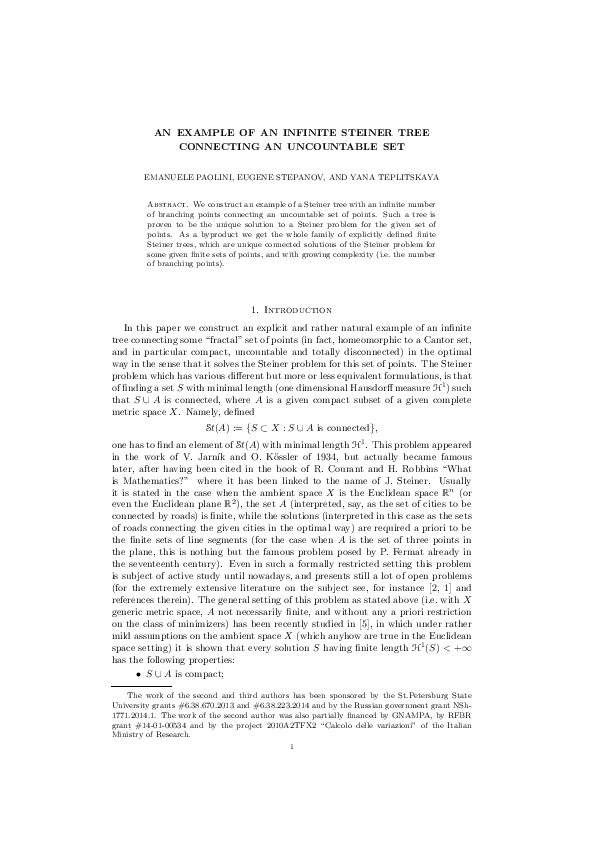 (PDF) An example of an infinite Steiner tree connecting an uncountable set