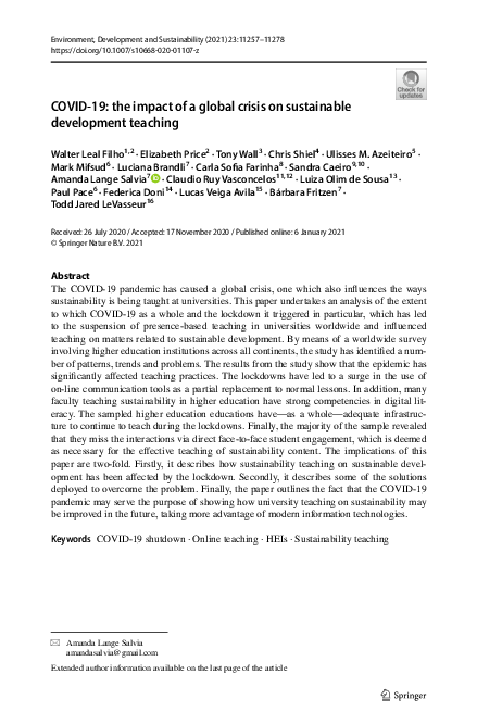 (PDF) COVID-19: the impact of a global crisis on sustainable ...