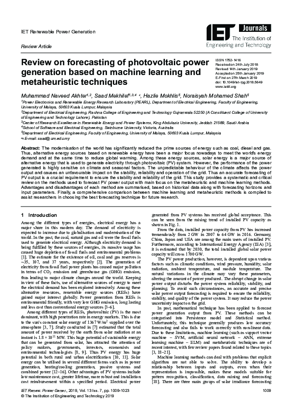 (PDF) A review on Forecasting of Photovoltaic Power Generation based on ...