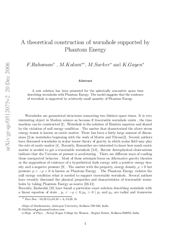 (PDF) A theoretical construction of wormhole supported by phantom energy