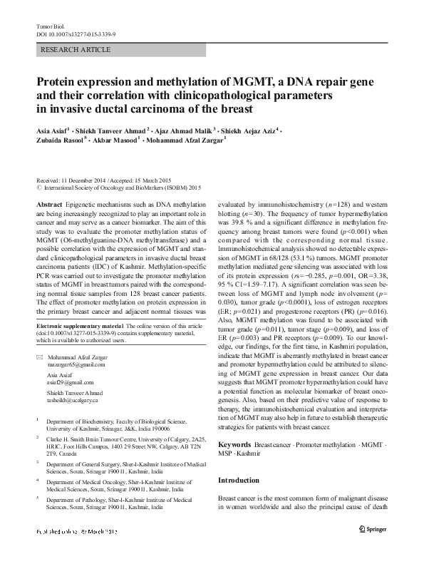 (PDF) Protein expression and methylation of MGMT, a DNA repair gene and ...