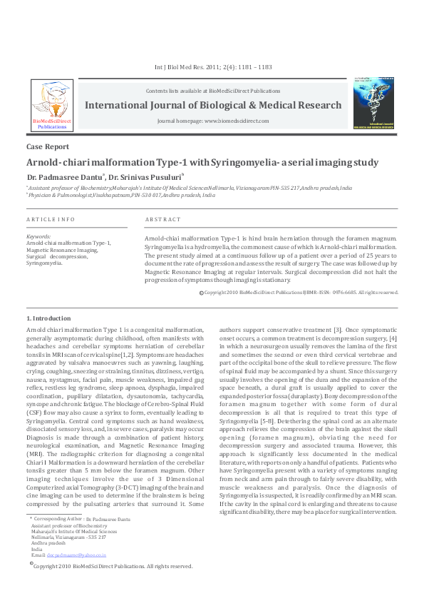 (PDF) Arnold chiari malformation type1 with syringomyelia-a serial ...