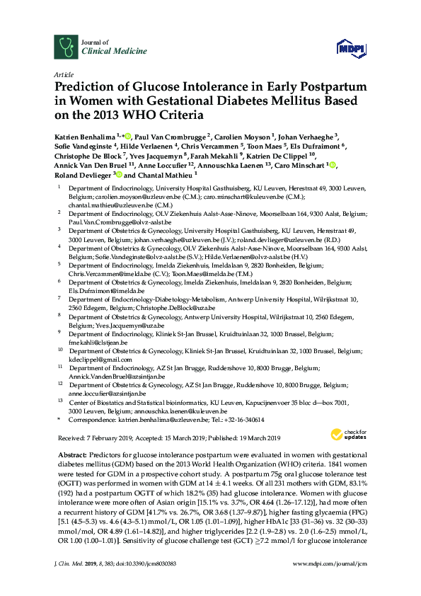 (PDF) Prediction of Glucose Intolerance in Early Postpartum in Women ...