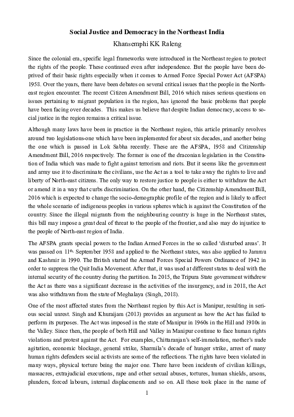 (PDF) Social Justice and Democracy in the Northeast India