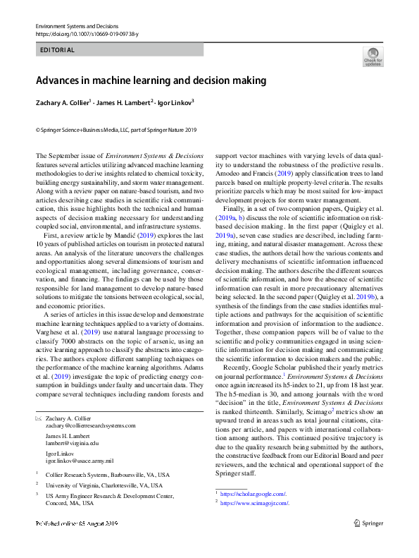 (PDF) Advances in machine learning and decision making