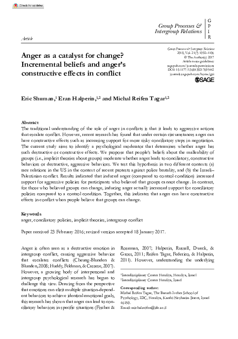 (PDF) Anger as a catalyst for change? Incremental beliefs and anger’s ...