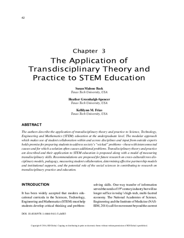 (PDF) The Application of Transdisciplinary Theory and Practice to STEM ...