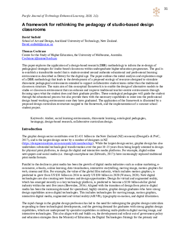 (PDF) A framework for re thinking the pedagogy of studio-based design ...