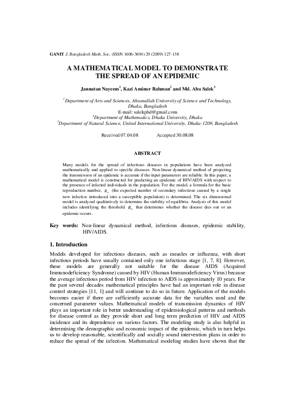 (PDF) A Mathematical Model to Demonstrate the Spread of an Epidemic