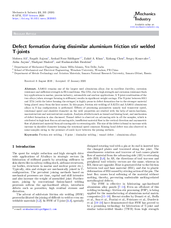 (PDF) Defect formation during dissimilar aluminium friction stir welded ...