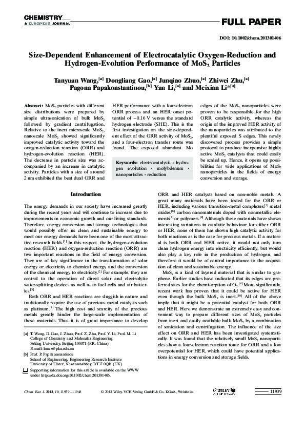 (PDF) hydrogen production Oxygen reduction MoS2