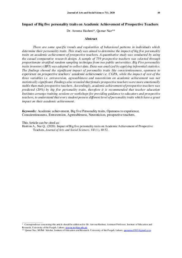 (PDF) Impact of Big five personality traits on Academic Achievement of ...