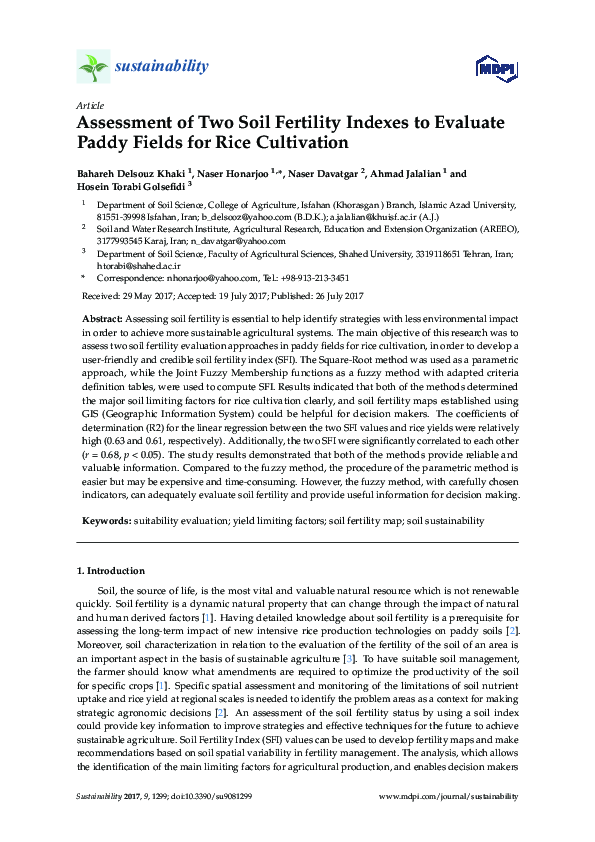 (PDF) Assessment of Two Soil Fertility Indexes to Evaluate Paddy Fields ...