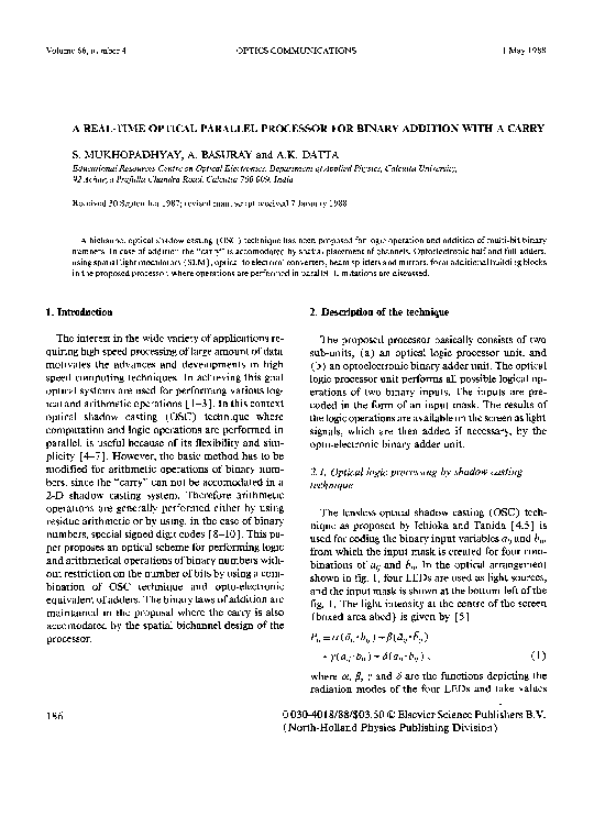 (PDF) A real-time optical parallel processor for binary addition with a ...