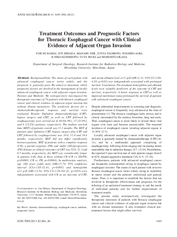 (PDF) Treatment outcomes and prognostic factors for thoracic esophageal ...