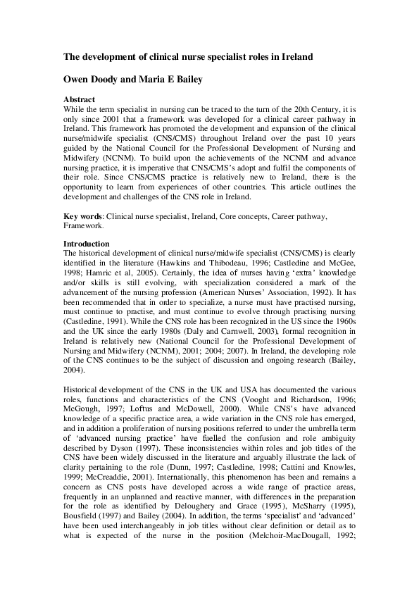 (PDF) The development of clinical nurse specialist roles in Ireland