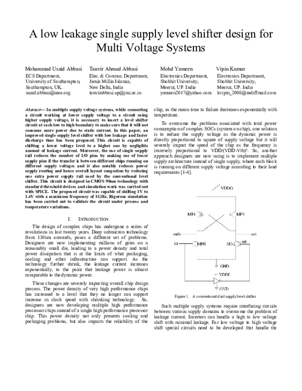 (PDF) A low leakage single supply level shifter design for multi ...