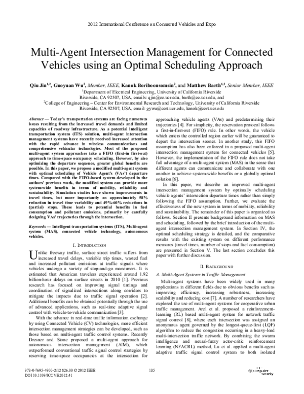 (PDF) Multi-Agent Intersection Management for Connected Vehicles Using ...