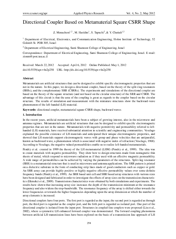 (PDF) Directional Coupler Based on Metamaterial Square Csrr Shape