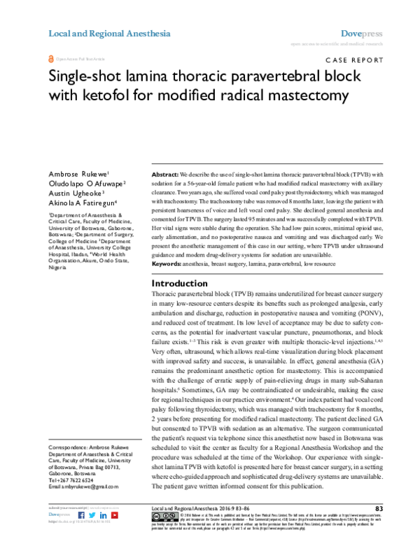 (PDF) Single-shot lamina thoracic paravertebral block with ketofol for ...