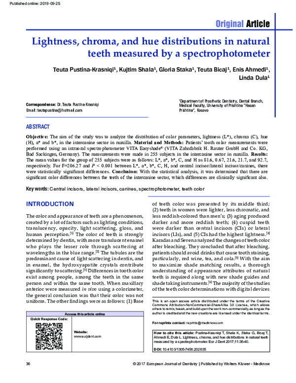 (PDF) Lightness, chroma, and hue distributions in natural teeth ...