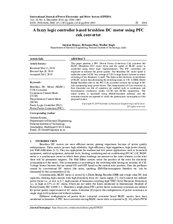 (PDF) A fuzzy logic controller based brushless DC motor using PFC cuk ...