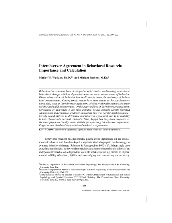 (PDF) Interobserver Agreement in Behavioral Research: Importance and ...