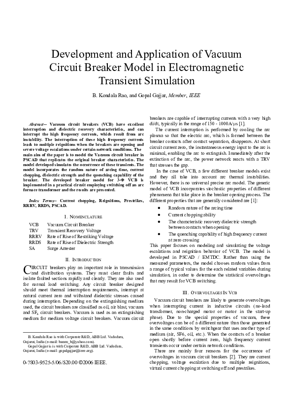 (PDF) Development and application of vacuum circuit breaker model in