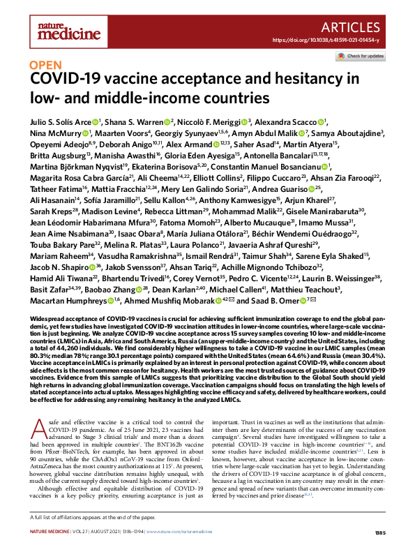 (PDF) COVID-19 vaccine acceptance and hesitancy in low- and middle ...