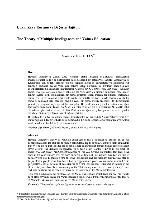 (PDF) The Theory of Multiple Intelligences and values education