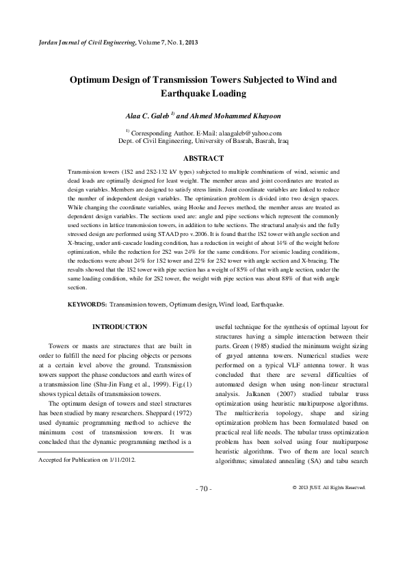 (PDF) Optimum Design of Transmission Towers Subjected to Wind and ...