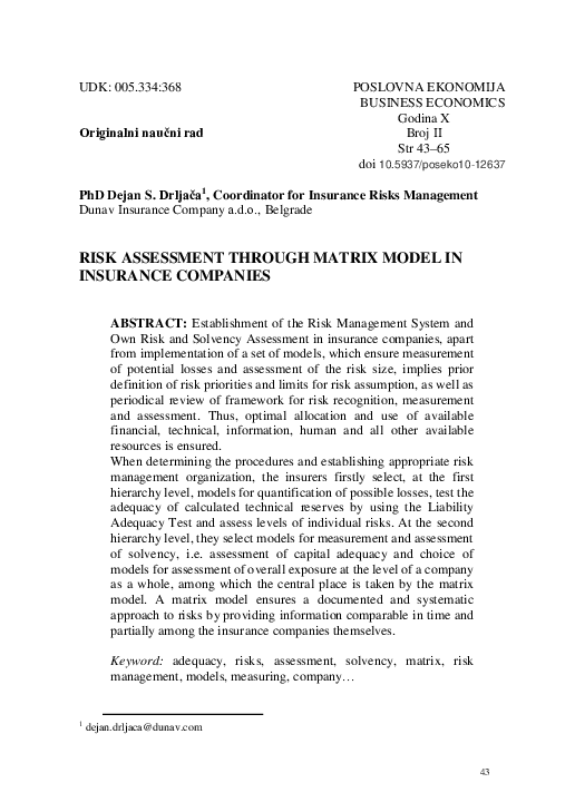 (PDF) Risk assessment through matrix model in insurance companies