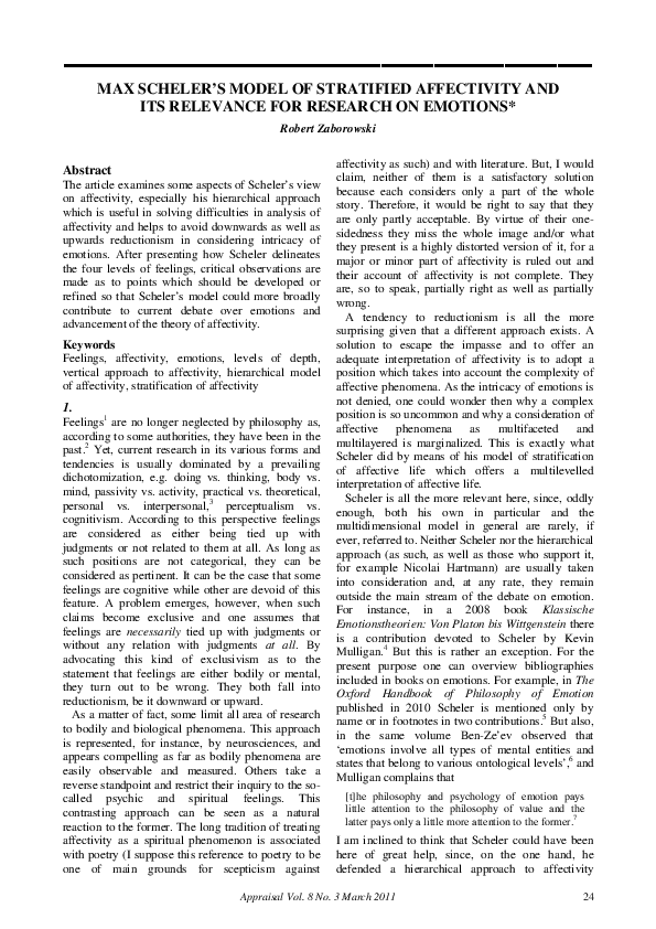 (PDF) Max Scheler’s model of stratified affectivity and its relevance