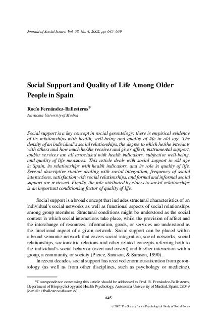 (PDF) Social Support and Quality of Life Among Older People in Spain