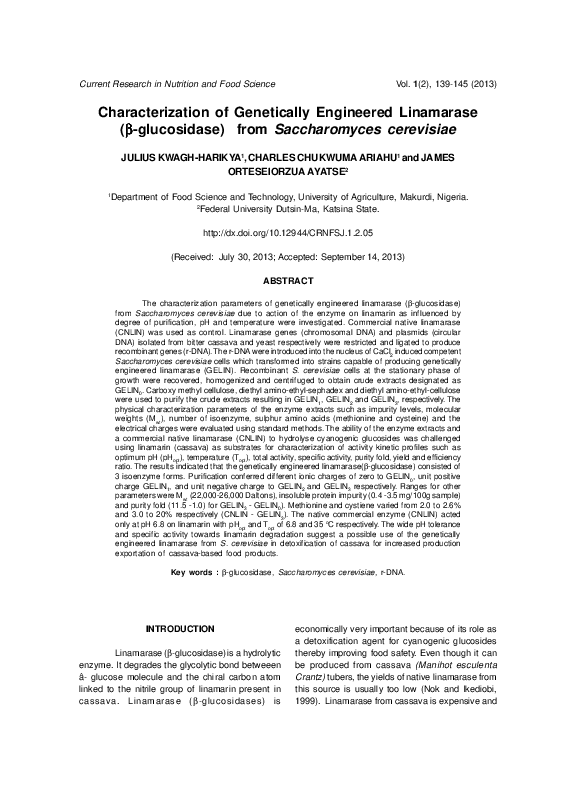 (PDF) Characterization of Genetically Engineered Linamarase (β ...