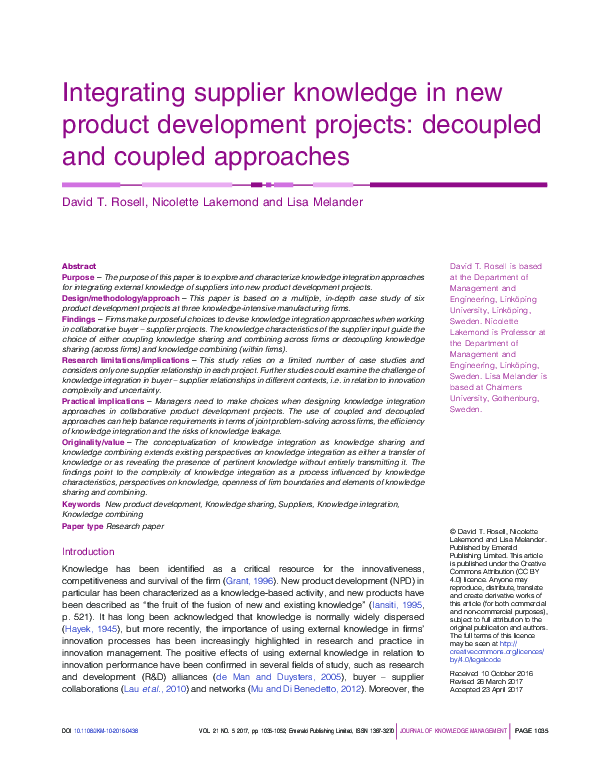 (PDF) Integrating supplier knowledge in new product development ...