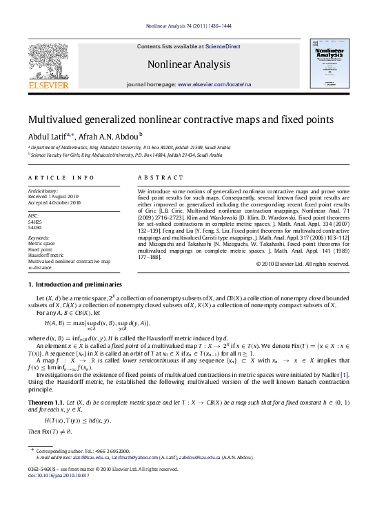 (PDF) Multivalued generalized nonlinear contractive maps and fixed points