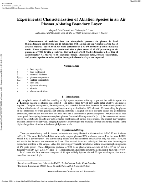 (PDF) Experimental Characterization of Ablation Species in an Air ...