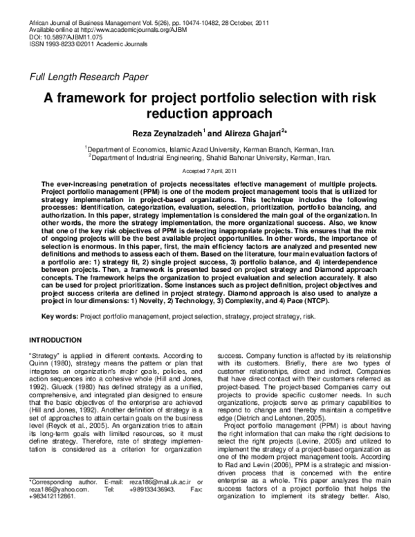 (PDF) A framework for project portfolio selection with risk reduction ...