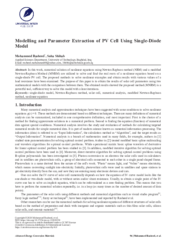 (PDF) Modelling and Parameter Extraction of PV Cell Using Single-Diode ...