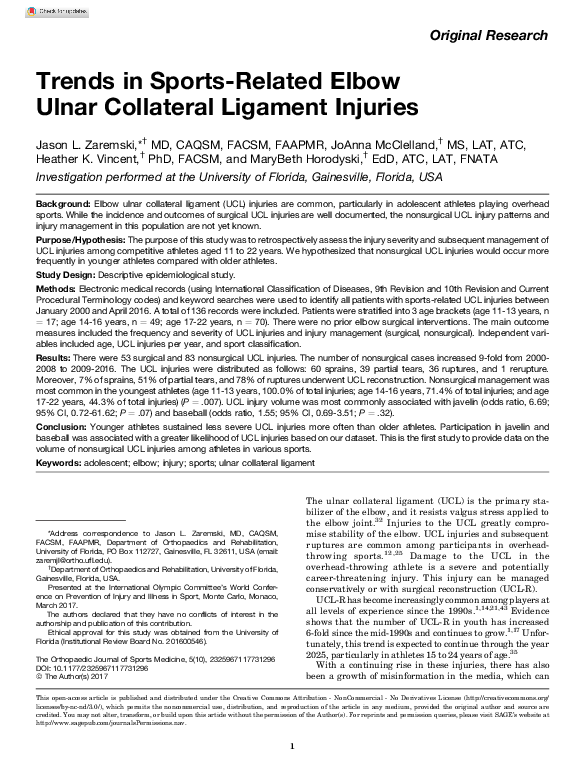 (PDF) Trends in Sports-Related Elbow Ulnar Collateral Ligament Injuries