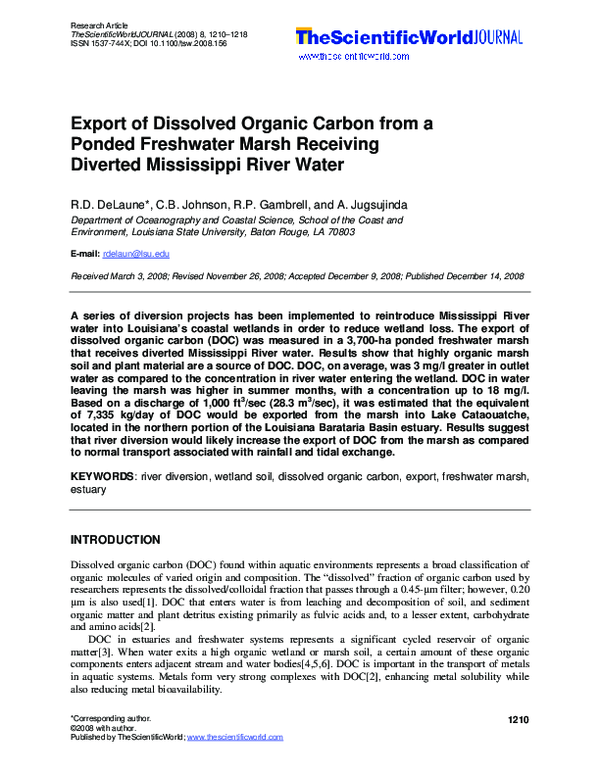 (PDF) Export of dissolved organic carbon from a ponded freshwater marsh ...
