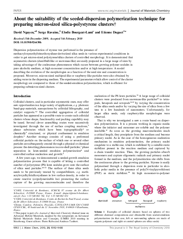 (PDF) About the suitability of the seeded-dispersion polymerization ...