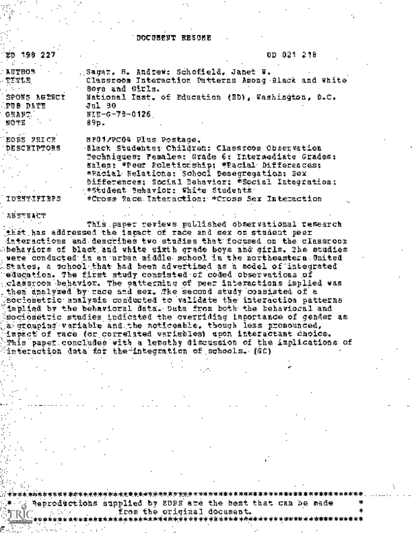 (PDF) Classroom Interaction Patterns Among Black and White Boys and
